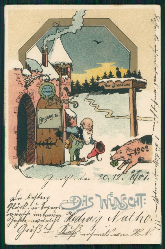 Gnomo Gnome Zwerge Dwarf Pig 1902 Four Leaf Clover ERIKA postcard TC5028