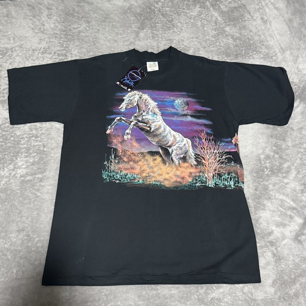 Vintage Wrap Around Print Horse T Shirt Size XL Black Hazelwoods Deadstock