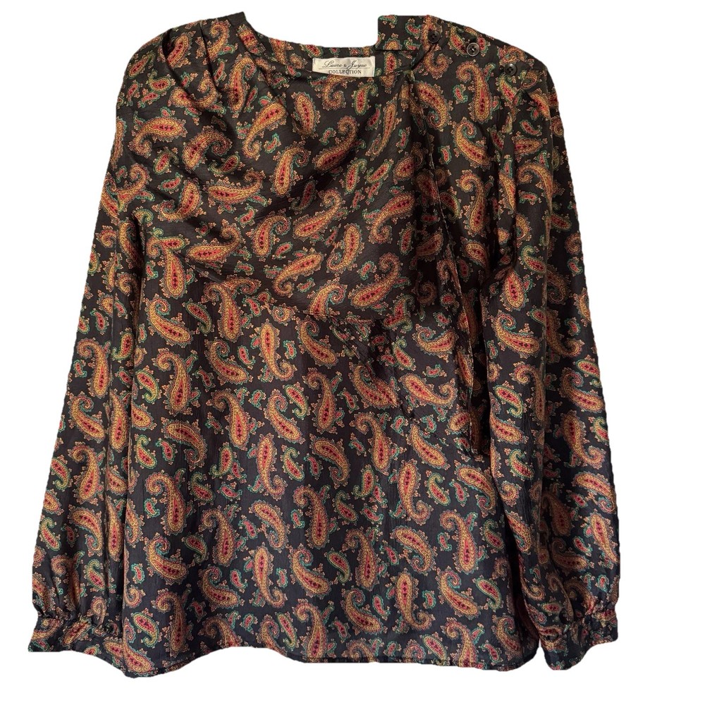 Vintage 90s Paisley Blouse Women’s Size 10 Black Long Sleeve Button Shoulder EUC