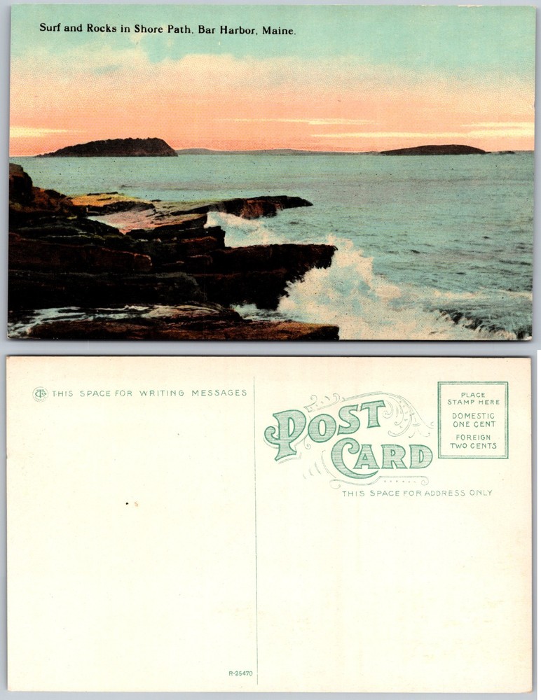 Surf Rocks Shore Path Bar Harbor Maine Ocean Sunset Postcard