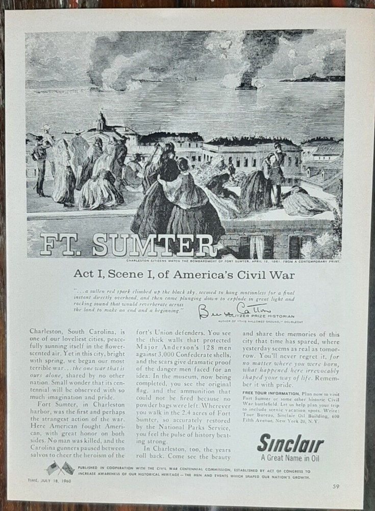1960 Sinclair Oil Vintage Print Ad Fort Sumter Bombardment Painting Charleston