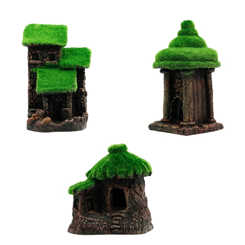 Aquarium Decoration 3 Sizes Moss House with Realistic Details Fish for Shel
