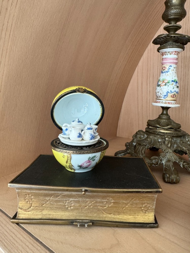 Vintage Limoges Porcelain Floral Trinket Box with Mini Tea Set Signed France