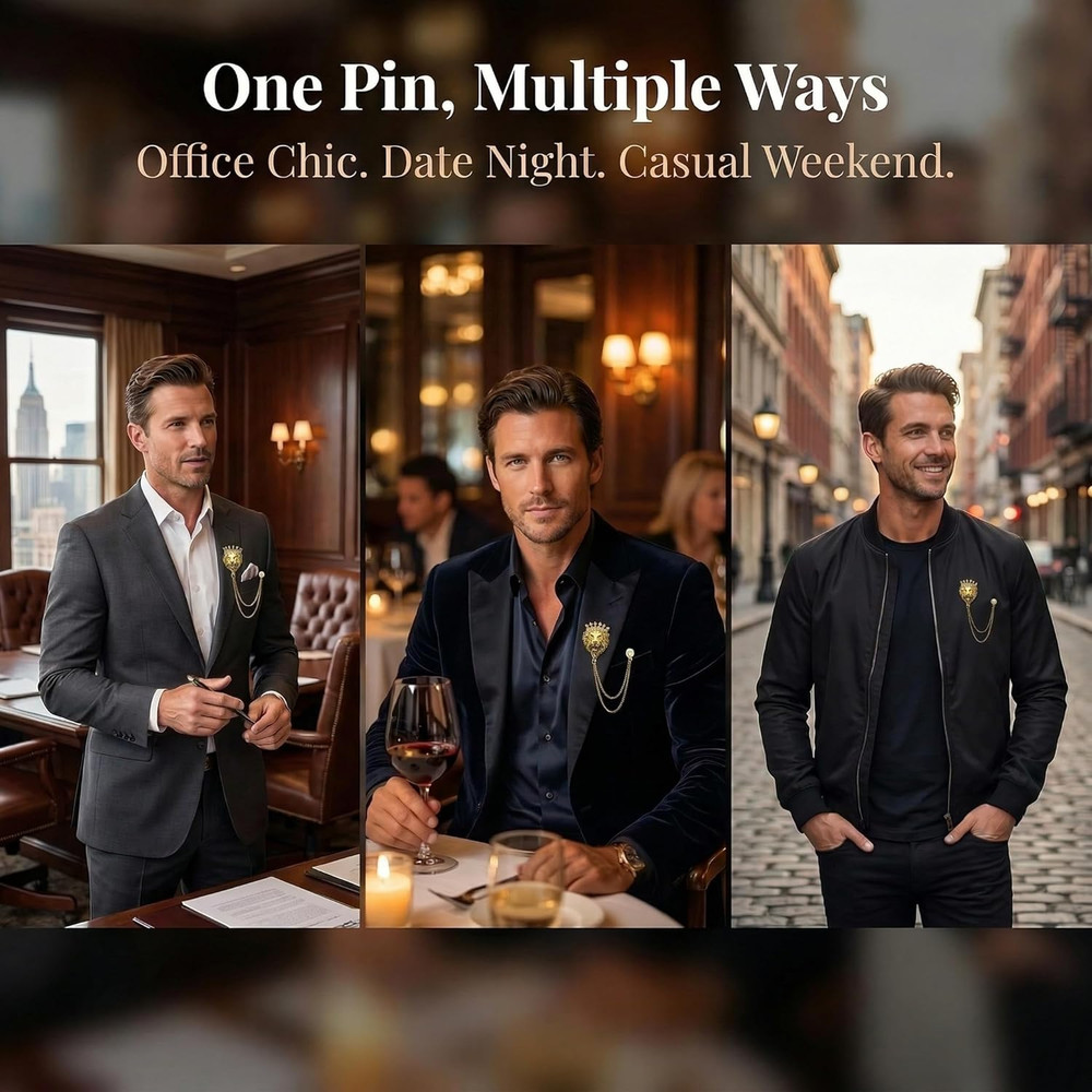 Lion Pin Lapel Chain for Men Vintage Animal Brooch Jewelry Suit Accessories Men'
