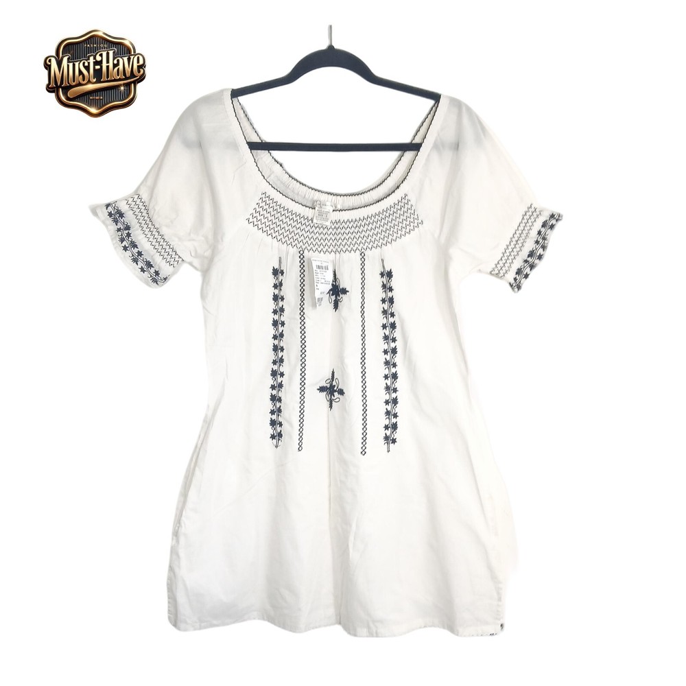 Charlotte Russe Small White Peasant Tunic Dress Black Embroidery Boho Cotton NWT