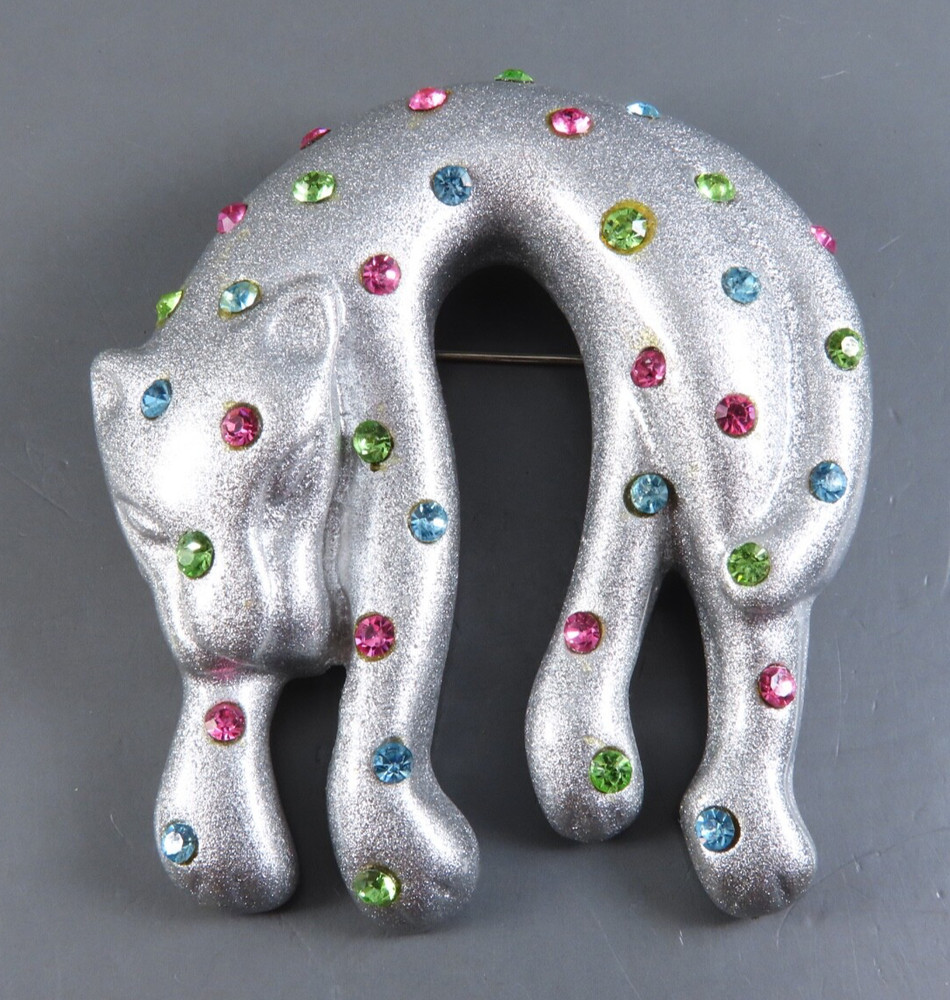 VTG PANTHER CAT BROOCH PIN Shimmery Silver w/MULTI-COLOR RHINESTONE Spots/Dots