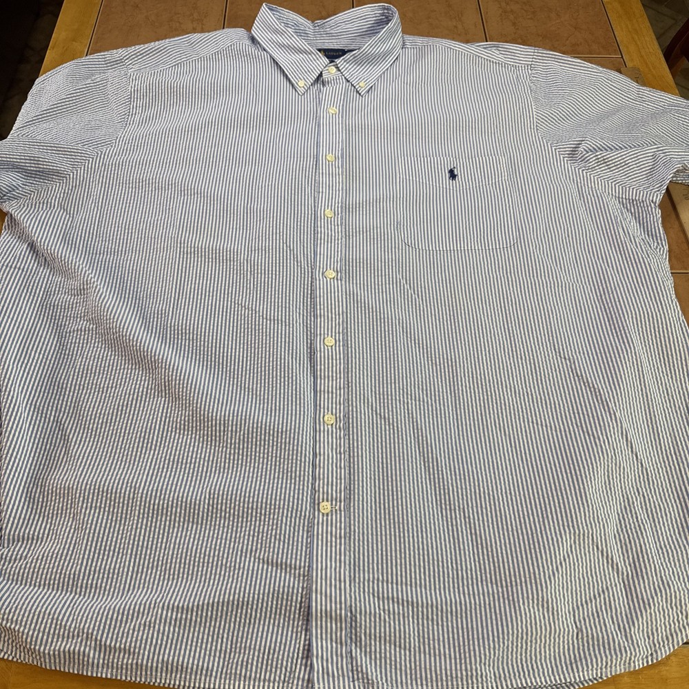 Polo Ralph Lauren Shirt Mens 4XL Big 4XB Blue Seersucker Short Sleeve Pony Logo