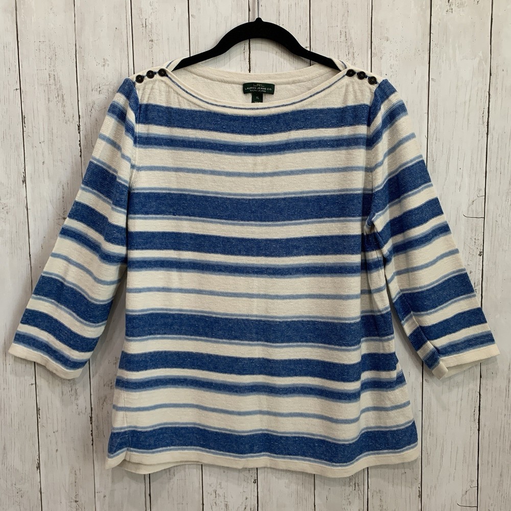 Lauren Jeans Co. Ralph Lauren Women’s Striped XL Linen Cotton Top 3/4 Sleeve