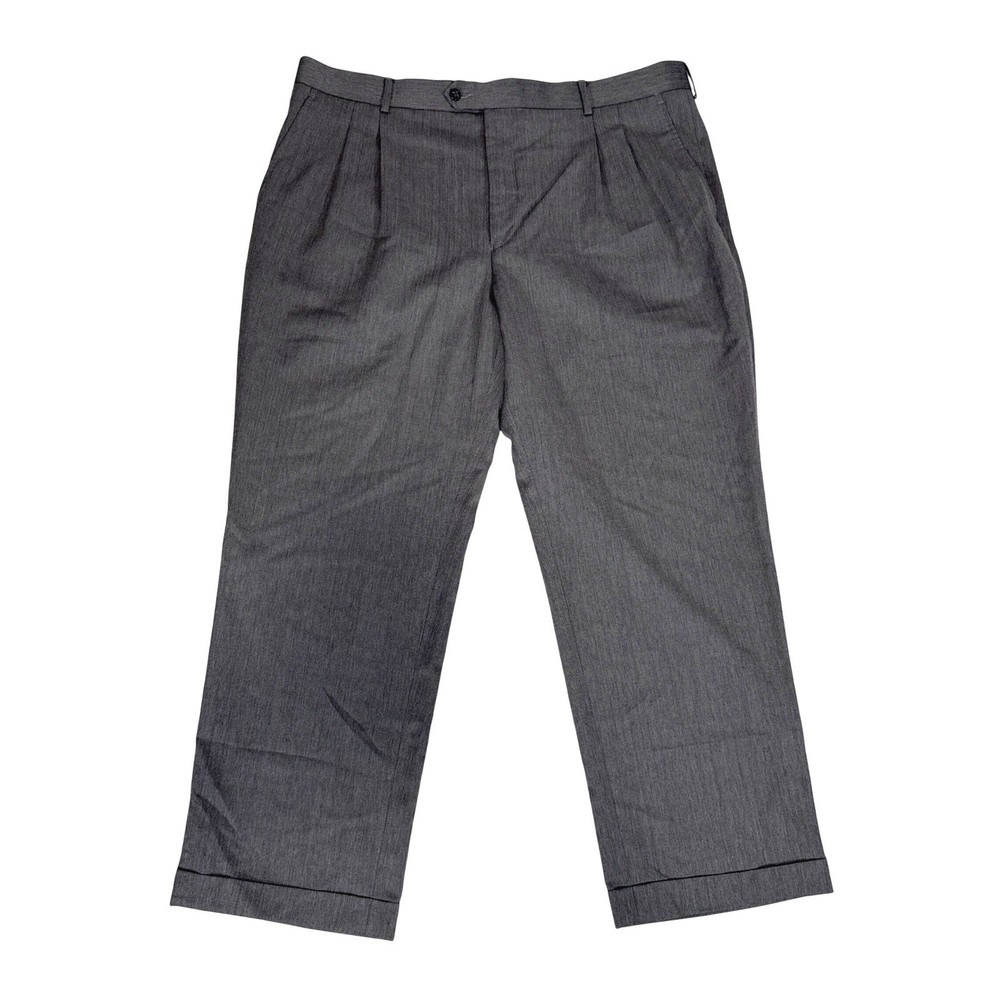 Stafford Mens Travel Trouser Pants 42x30 Charcoal Gray Wool Blend Pleated Cuffed