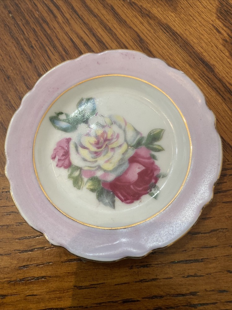 Vintage Japanese Floral Saucer with Lavender Border Gold Trim Pink White Roses
