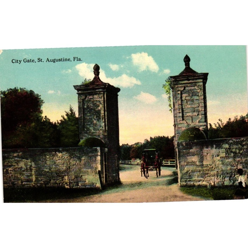 Vintage City Gate St. Augustine Florida Postcard Horse Carriage