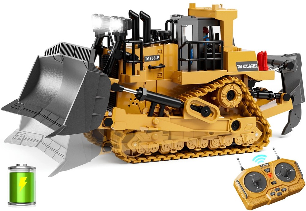 9-Channel Metal RC Bulldozer - Realistic Remote Control Kids Construction Play T
