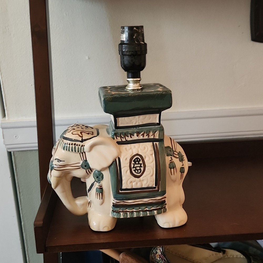 Ceramic Elephant Table Lamp Base Beige/Green/Brown 11 in Corded Wall Switch