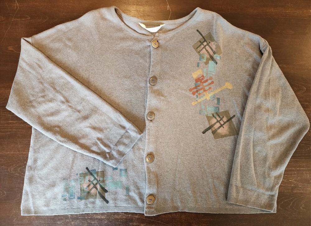 Vintage Blue Fish Knit Cardigan Sweater Lagenlook Abstract Hand Printed Graphic-image