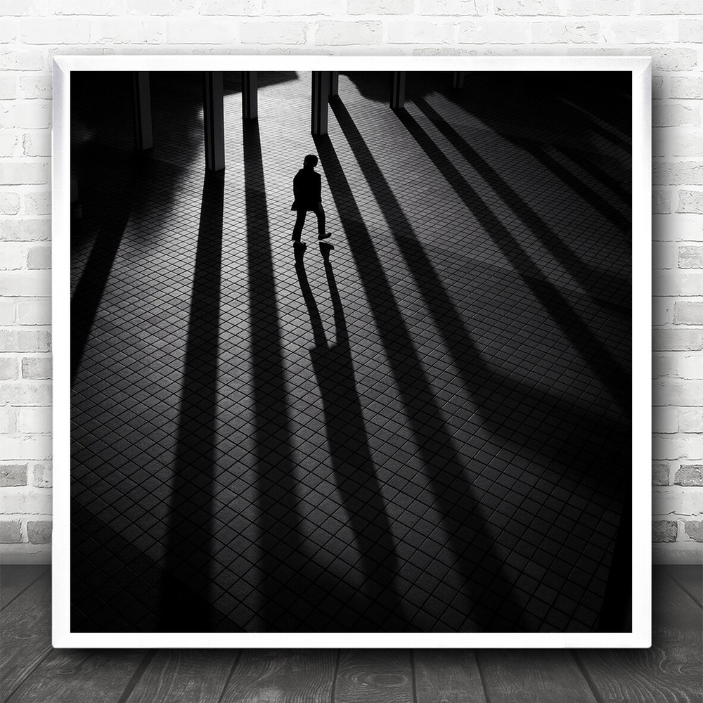 Street Black And White Shadow Walking Square Wall Art Print
