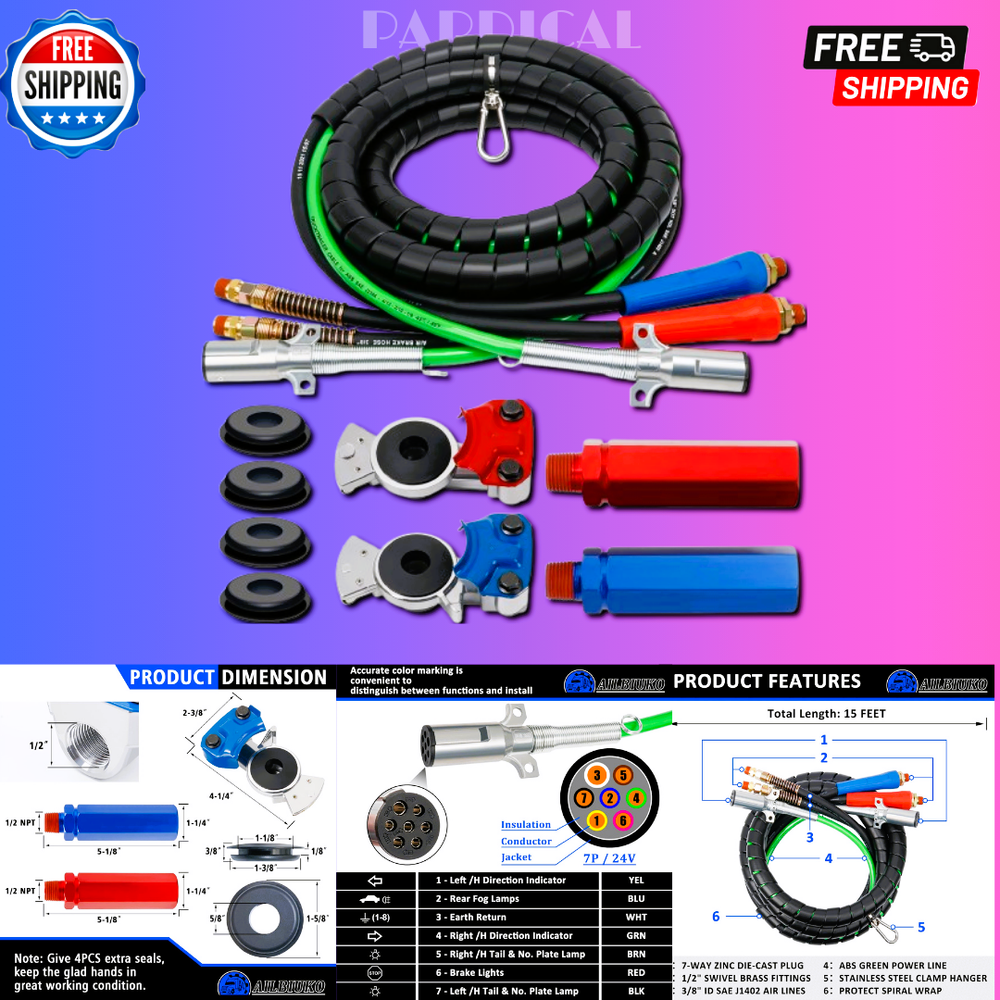 15FT 3-in-1 Semi Air Line Kit with ABS 7-Way Electrical Cable for Trucks-image