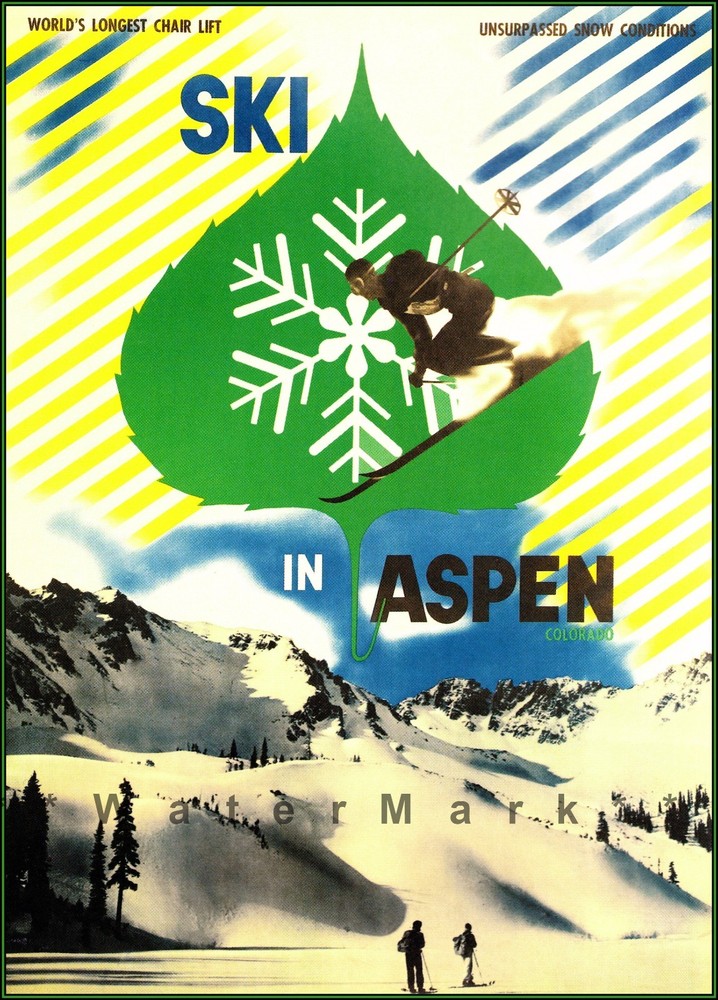 Vintage 1946 Retro Ski in Aspen Colorado Winter Sports Poster Decor  