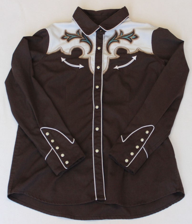Panhandle Slim Women's Pearl Snap Shirt Size XL Brown White Yoked Retro Western