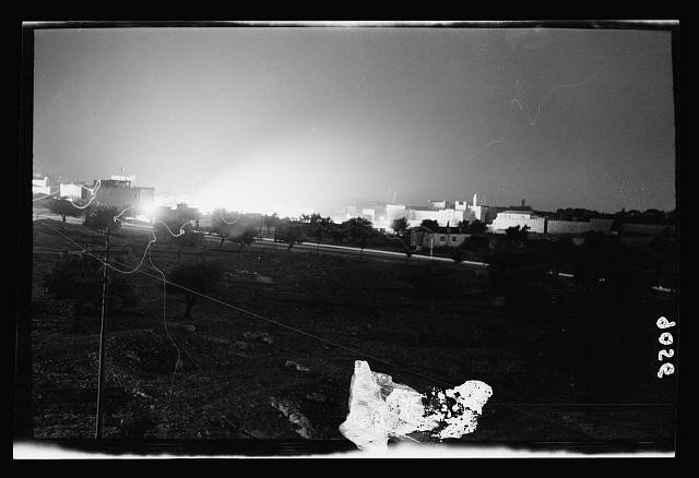 Palestine disturbances 1936. A night incendiary lighting up the Jaffa Gate