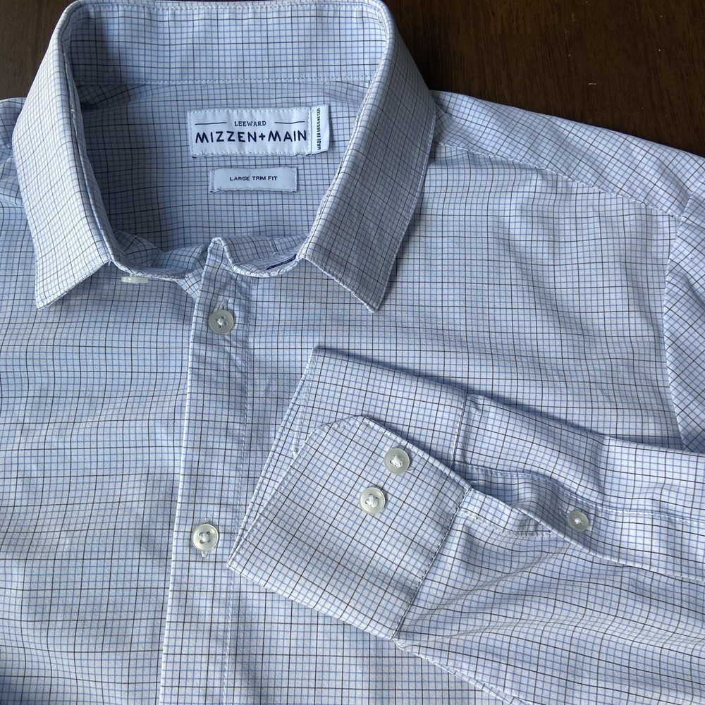 Mizzen Main Leeward Dress Shirt Men’s L Trim Fit Blue Plaid Performance Stretch