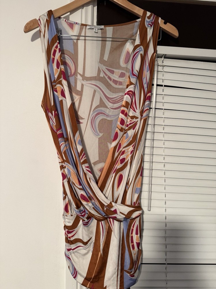 Vintage Y2K GF FERRE Multicoloured Abstract Print Top Sleeveless Cowl Neck Top L