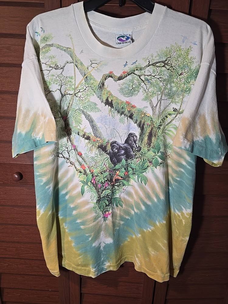 Vintage 1992 Liquid Blue Gorilla African Rainforest Tie Dye AOP Shirt Size XL