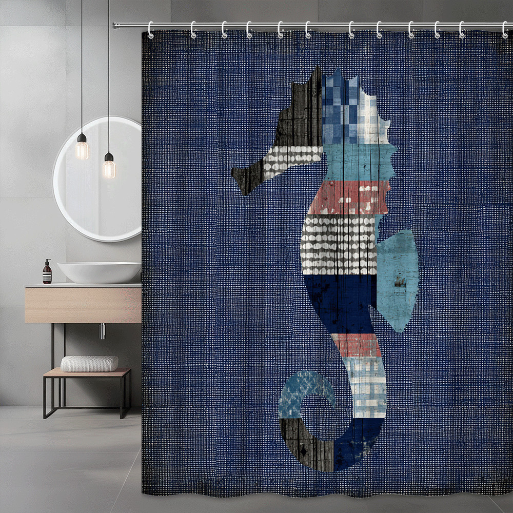 Seahorse Shower Curtain Blue Patchwork Graphic Print