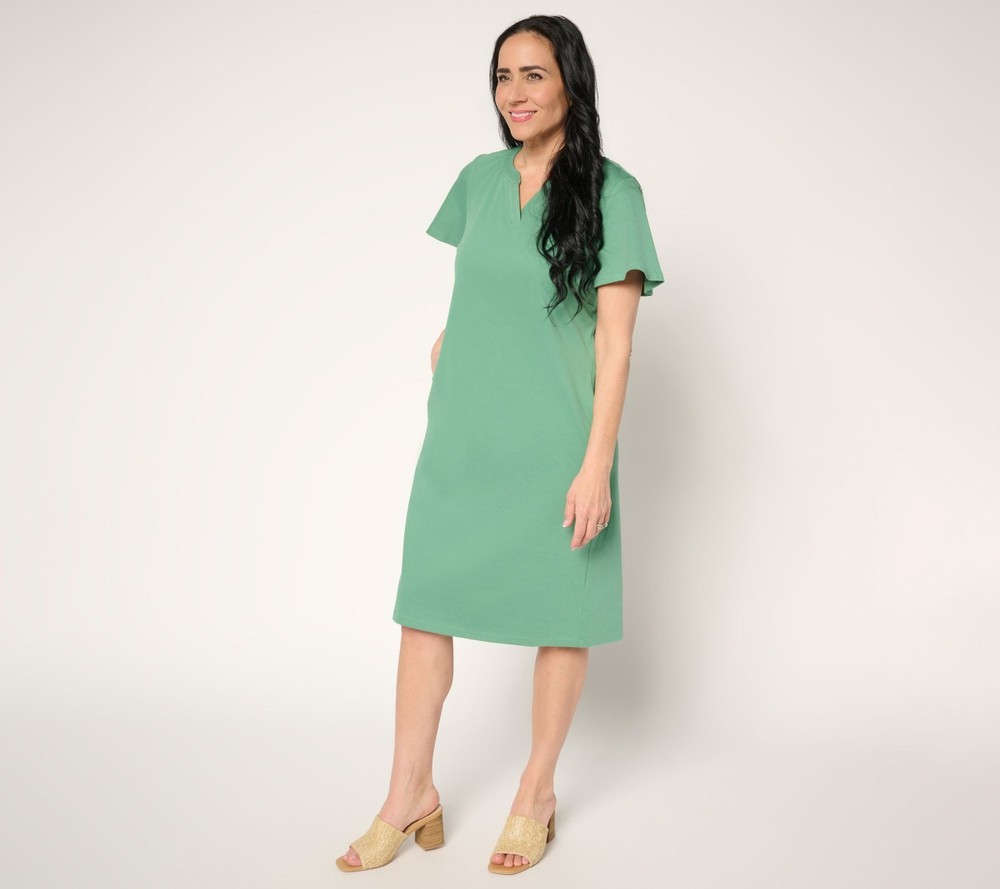 Denim & Co. Women's Petite Dress PM Comfy Knit Air Flutter Sleeve Green A694596