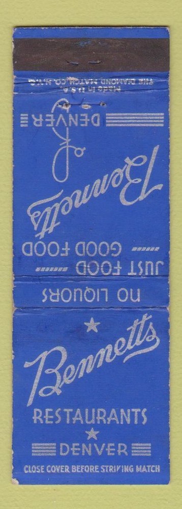 Matchbook Cover - Bennetts Restaurants Denver Colorado