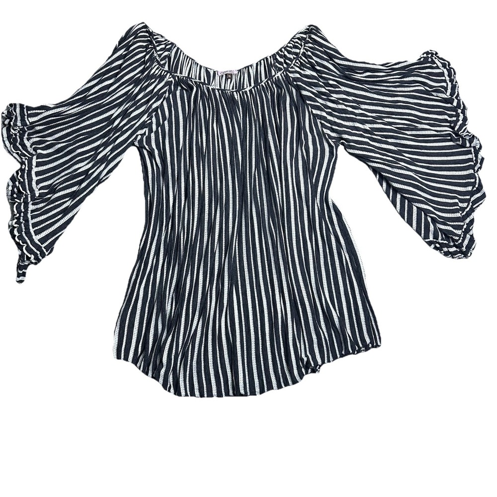 Lotta Stensson XS Black White Boho Peasant Off Shoulder Ruffle Bell Sleeve Top