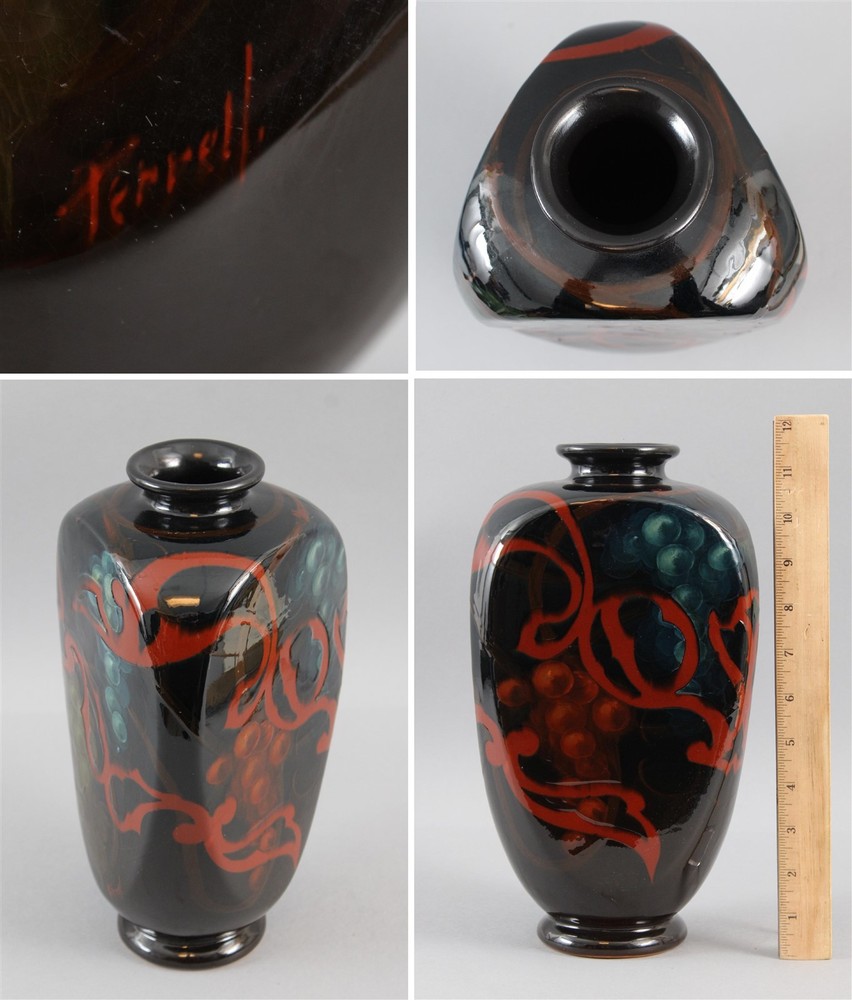 Antique FRANK FERRELL Signed Arts & Crafts WELLER Dickens Ware Art Pottery VaseGrapes & Grapevine...Original & Authentic...NO RESERVE