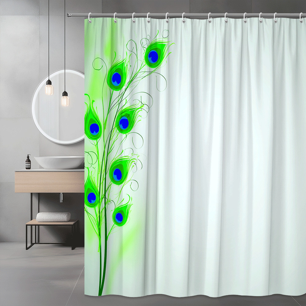 Peacock Feather Print Shower Curtain Green Blue Floral