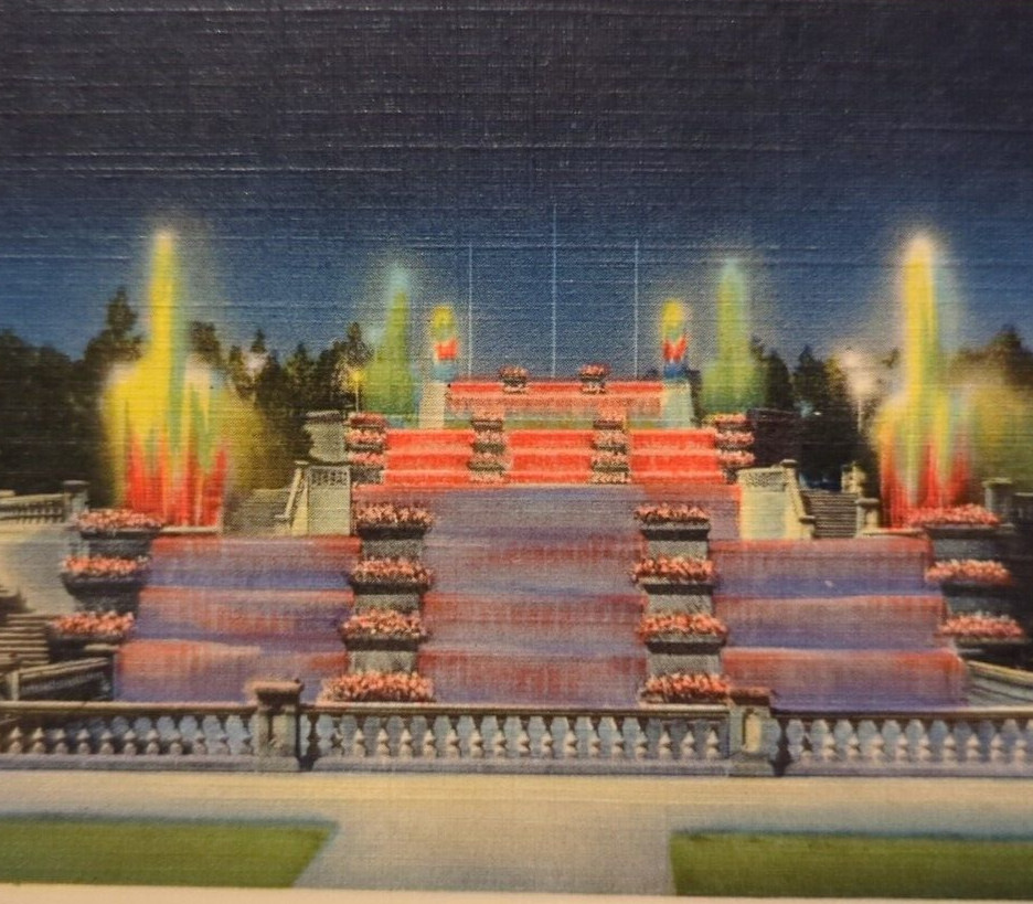 Jackson MI-Michigan Rhapsody in Lights Cascades Fountain Vintage Linen Postcard