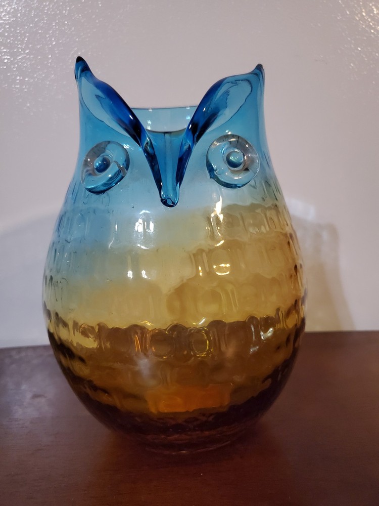 Vintage Murano Style Honeycomb Owl Art Glass Vase Blue Amber Hand Blown
