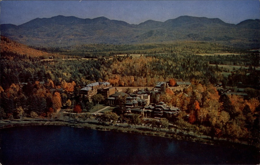 Lake Placid Club New York autumn aerial view ~ 1950-60s vintage postcard