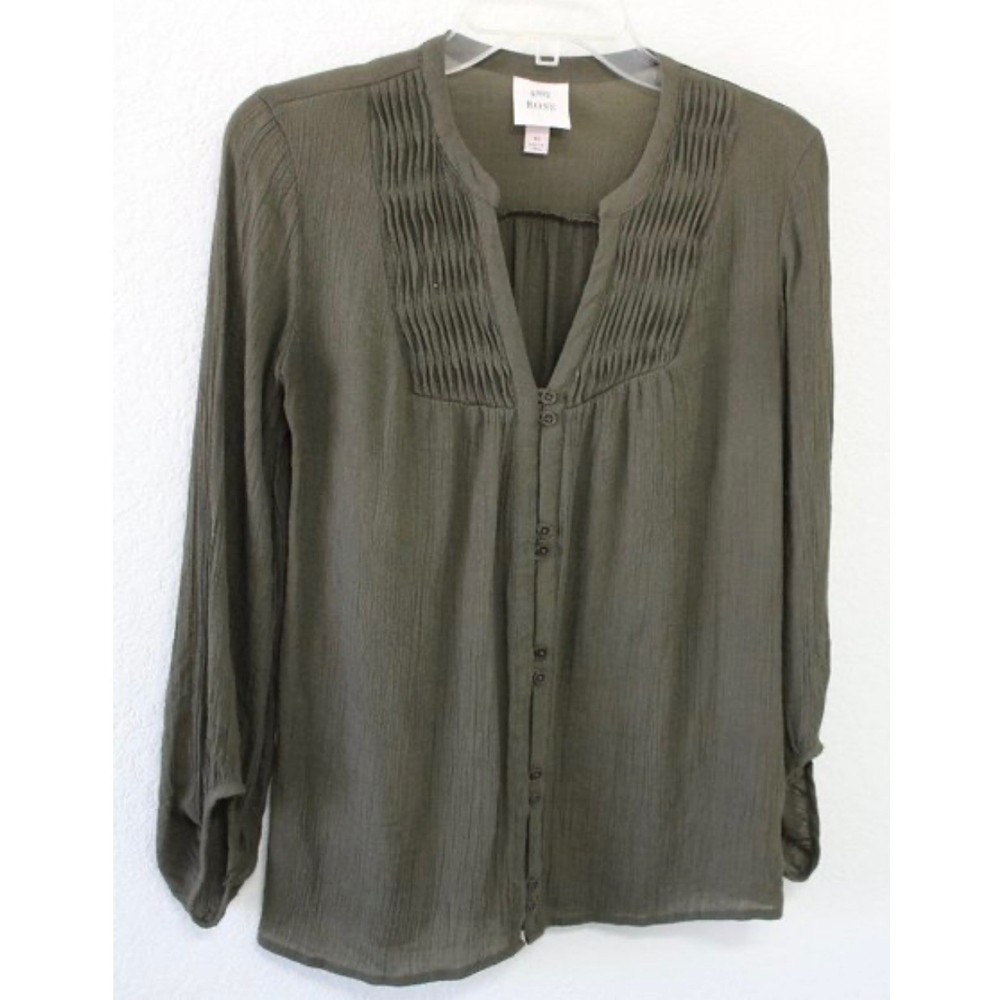 KNOX ROSE Olive Green Pintuck V Neck Button Front Long Sleeve Top Women M
