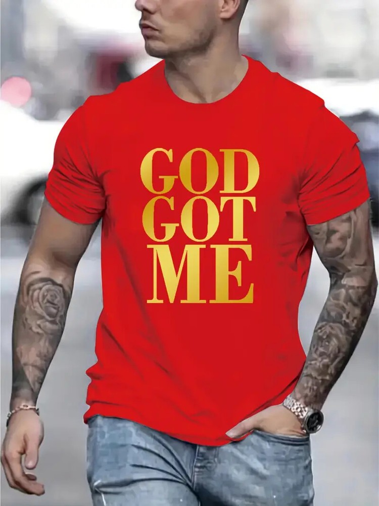 T Shirt God Got Me Graphic Print Red Gold Short Sleeve Men Fashion Quick Dry Tee