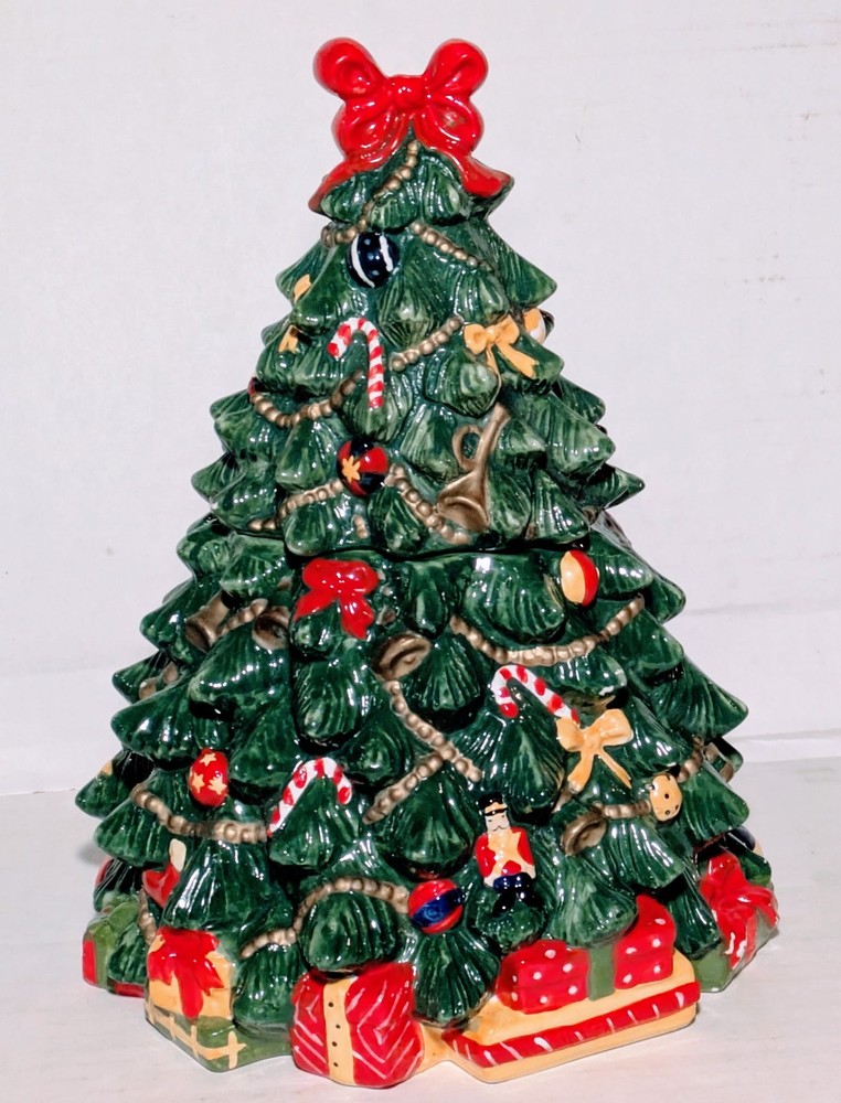 Christmas Tree Cookie Jar w/ Presents Beneath & A Bow Atop The Tree Gifts Decor
