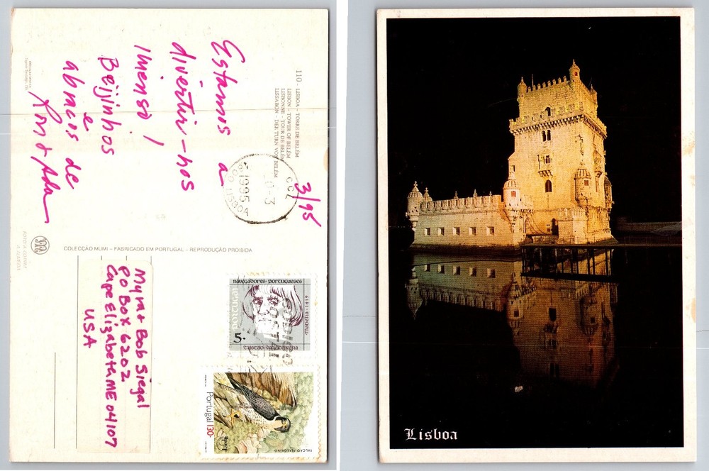 1995 Lisbon Torre de Belém Portugal Night View Postcard Posted