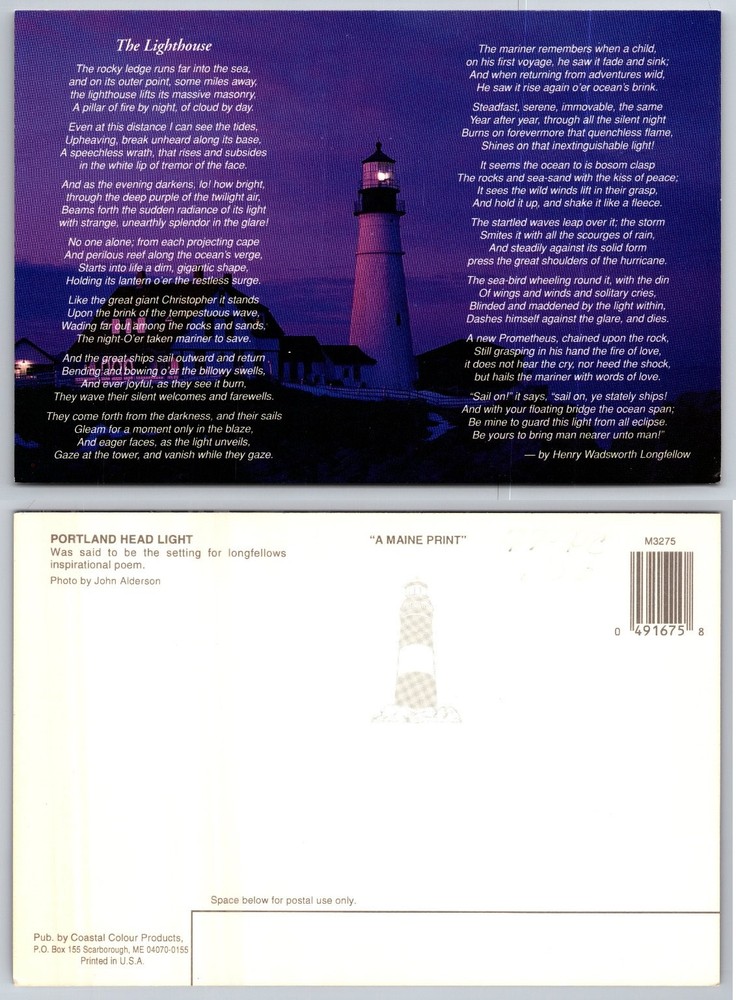 Portland Head Light Lighthouse Maine Longfellow Poem Coastal Colour Postcard