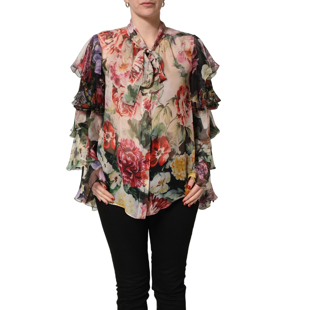 DOLCE & GABBANA Top Multicolor Floral Tie-Neck Silk Chiffon Blouse IT44/US10/L