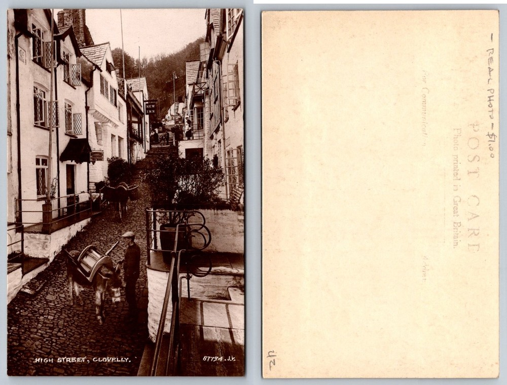 Vintage Real Photo Postcard High Street Clovelly England Donkeys New Inn UK