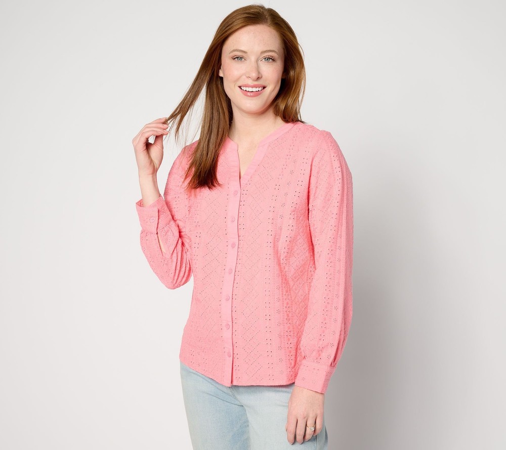 Denim & Co. Women's Top Sz XS Cotton Eyelet Button Down Shirt Pink A647740