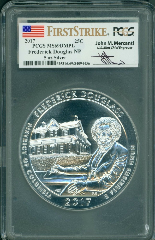 2017 FREDERICK DOUGLASS  ATB 5 Oz. SILVER PCGS MS69 DMPL Mercanti FS