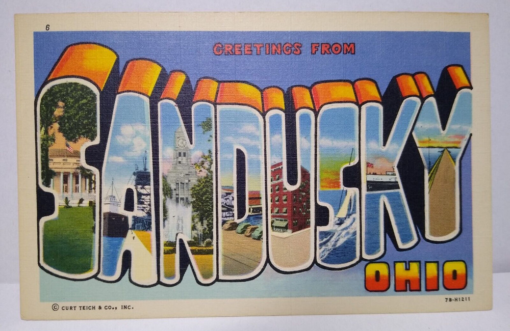 Greetings From Sandusky Ohio Large Big Letter Linen Postcard Curt Teich Unused