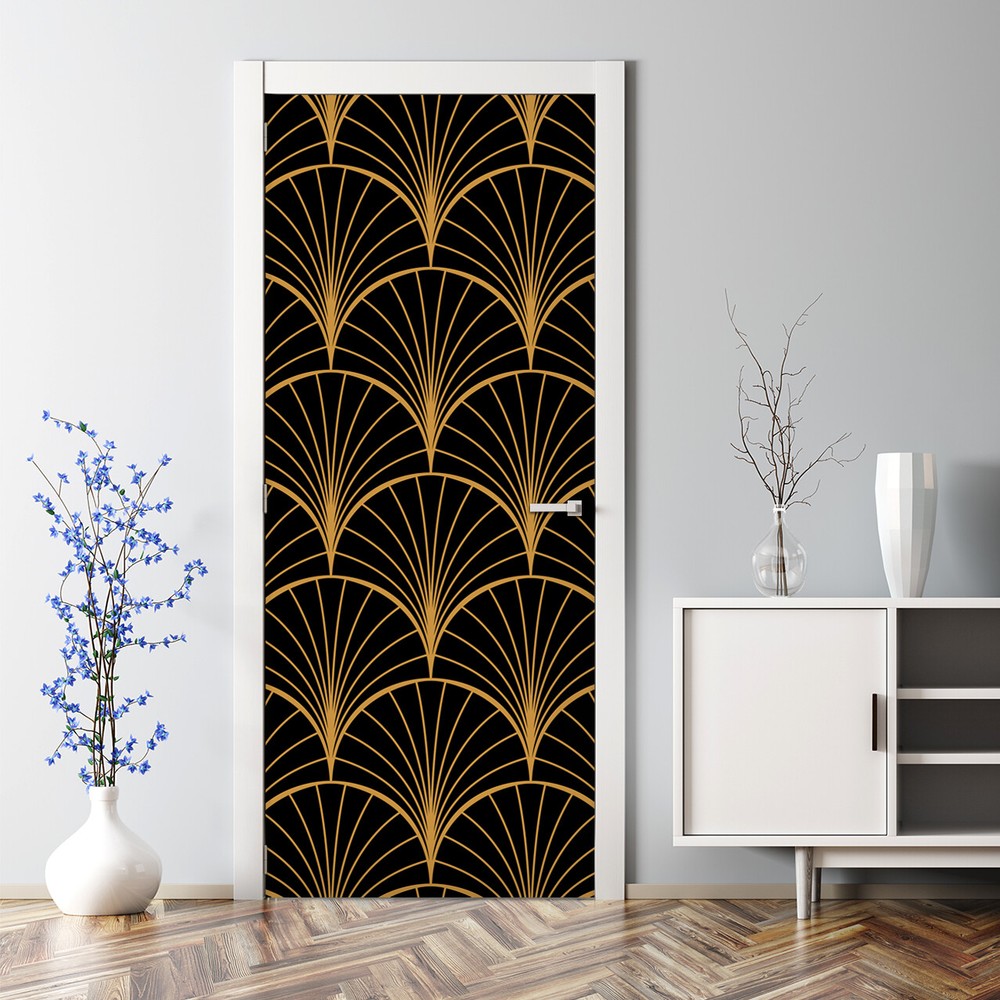 Geometric leaf texture self-adhesive yellow and black door decal