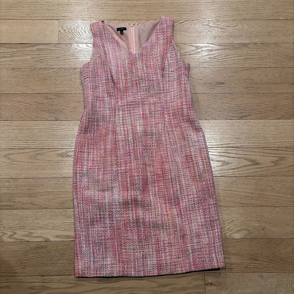 Talbots Sleeveless Tweed Sheath Dress Pink Cream Gold Size 8 Career Barbie