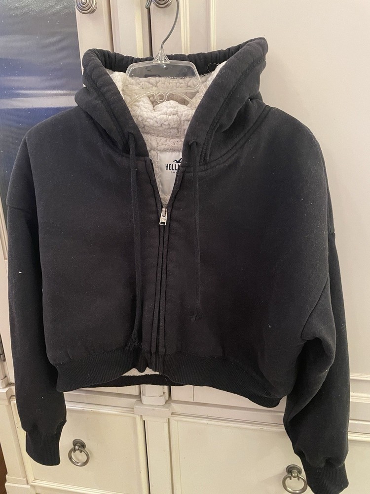 HOLLISTER Black Sherpa  Lined Zip Up Hoodie Sweatshirt Junior Size S Cropped