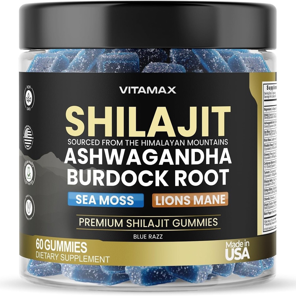 Blue Razz Organic Shilajit Gummies with Ashwagandha for Energy & Immunity, 60ct