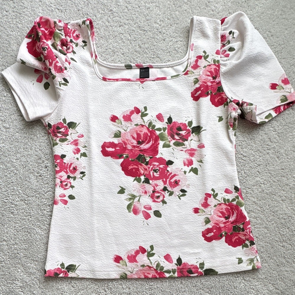 SHEIN Women's Square Neck Puff Sleeve Ruffle Floral Blouse White/Pink/Green L